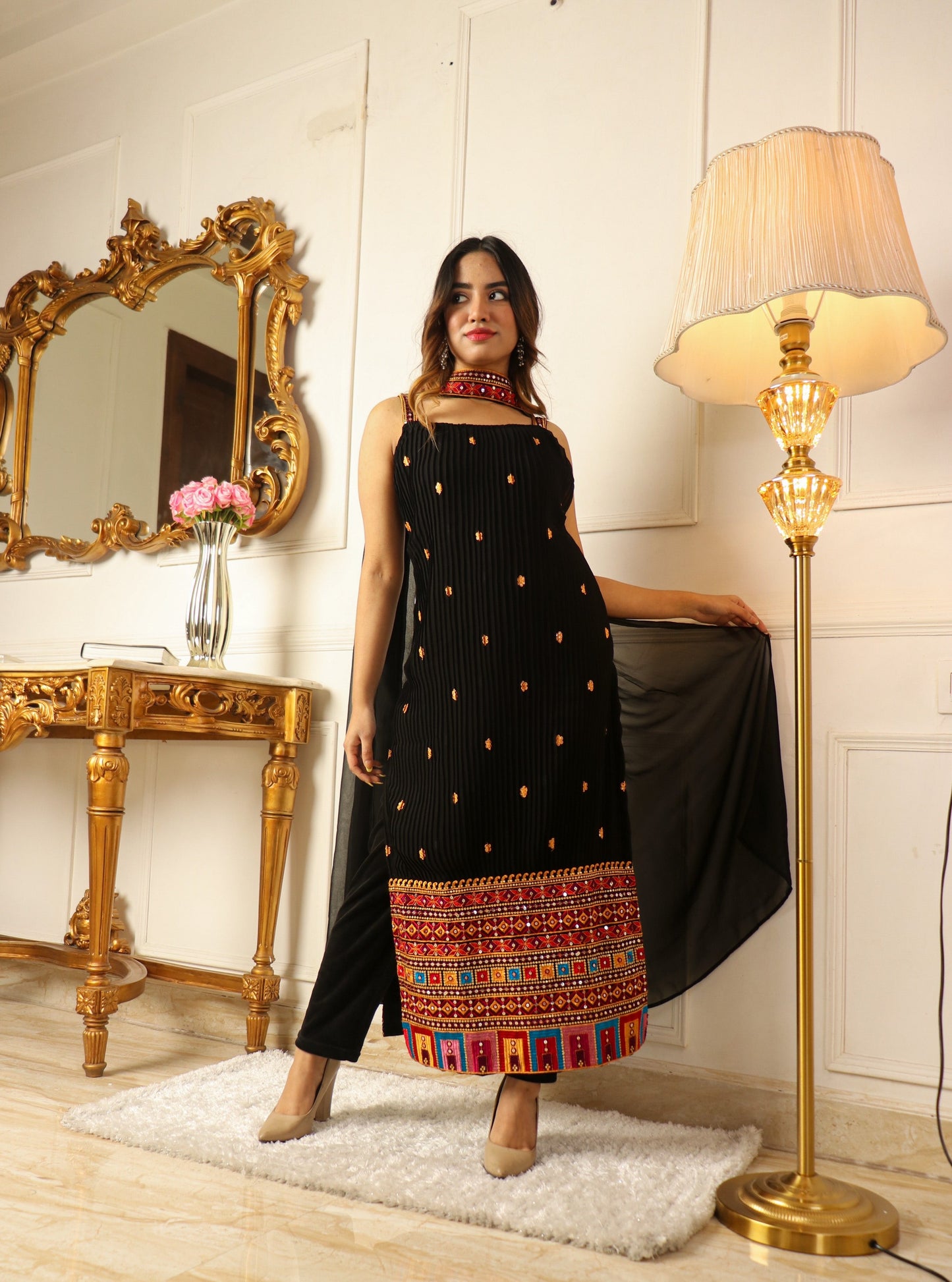 EMBELLISHED THREAD WORK KURTA WITH TROUSERS & DUPATTA SET