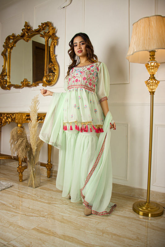 Pista Green Partywear Floral Embroidered Georgette Palazzo Suit With Dupatta