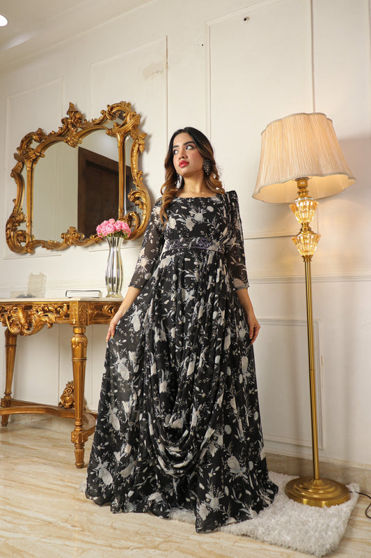 BLACK ETHNIC MOTIFS GEORGETTE MAXI DRESS