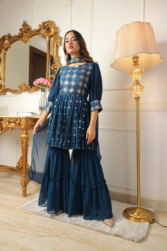 Blue Sequins Embroidered Georgette Sharara Suit