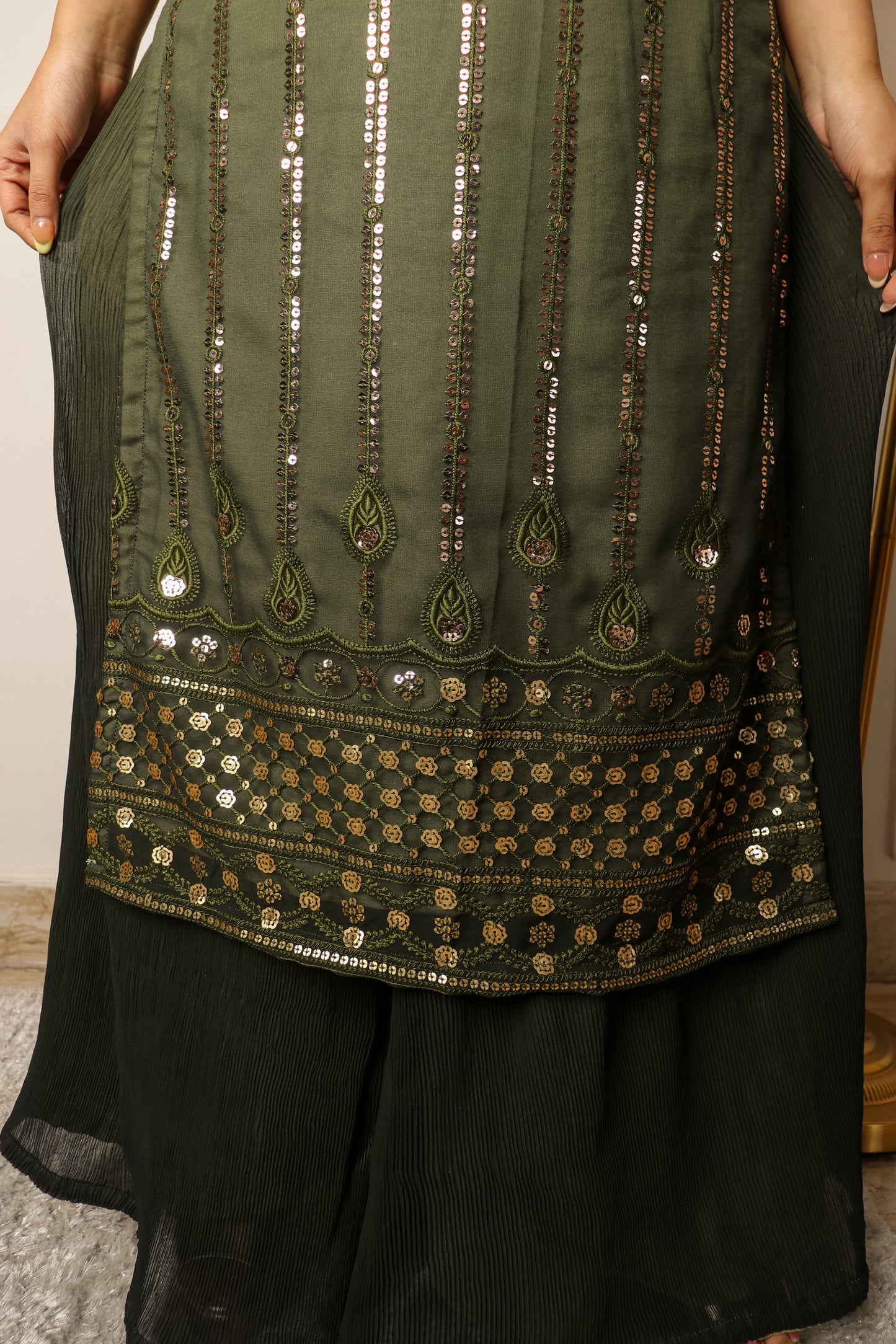 Green Sequins Embroidered Georgette Palazzo Suit