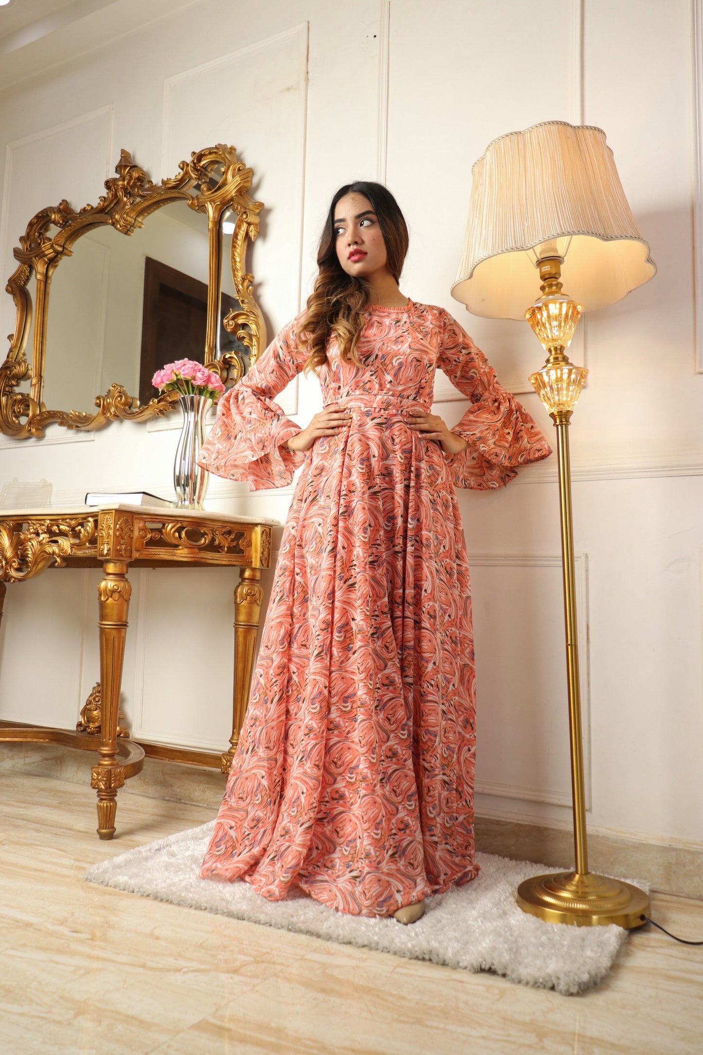 Peach Printed Georgette Gown