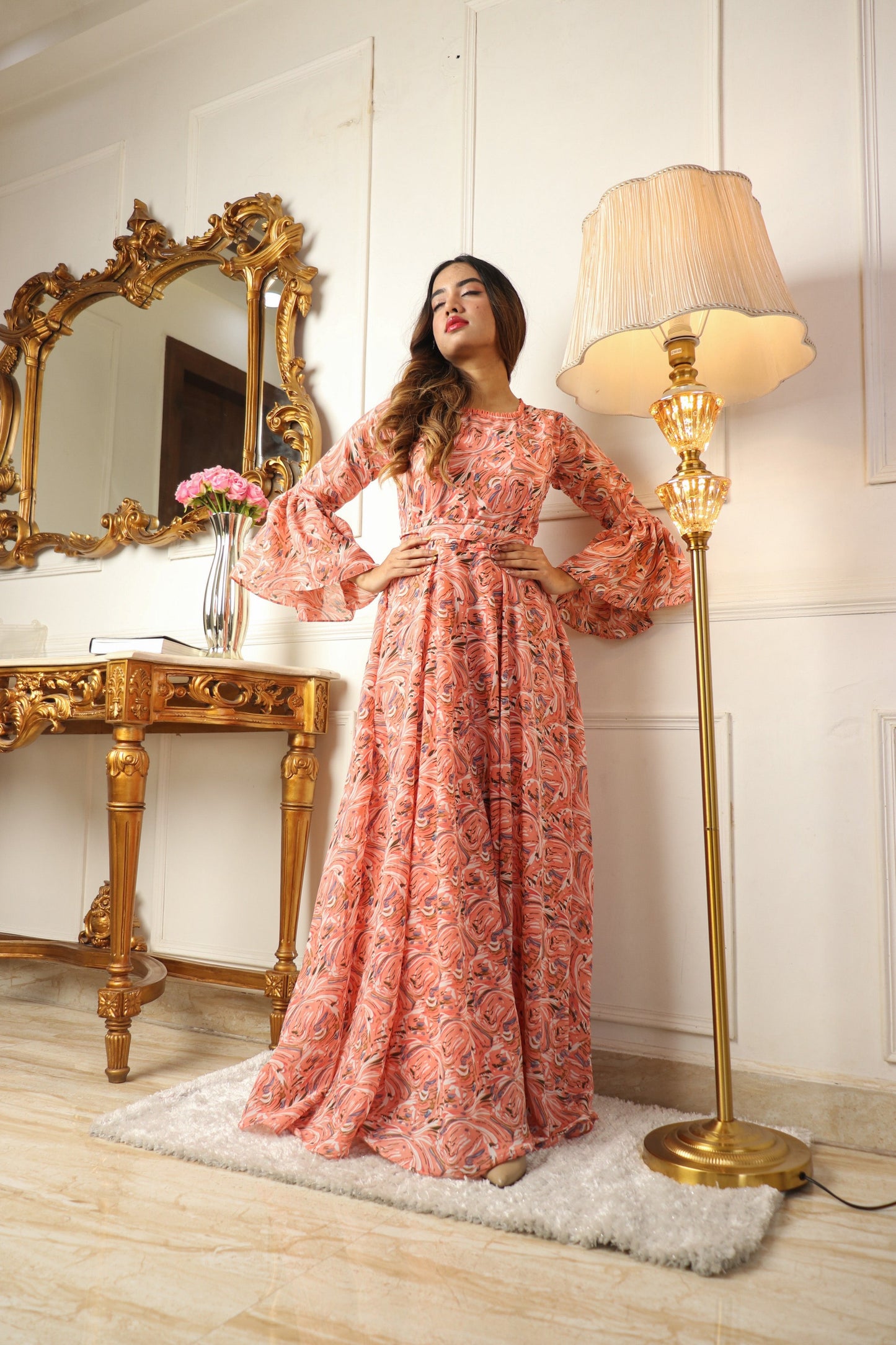 Peach Printed Georgette Gown