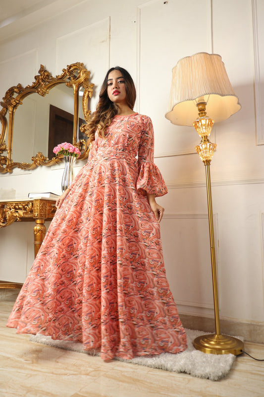 Peach Printed Georgette Gown