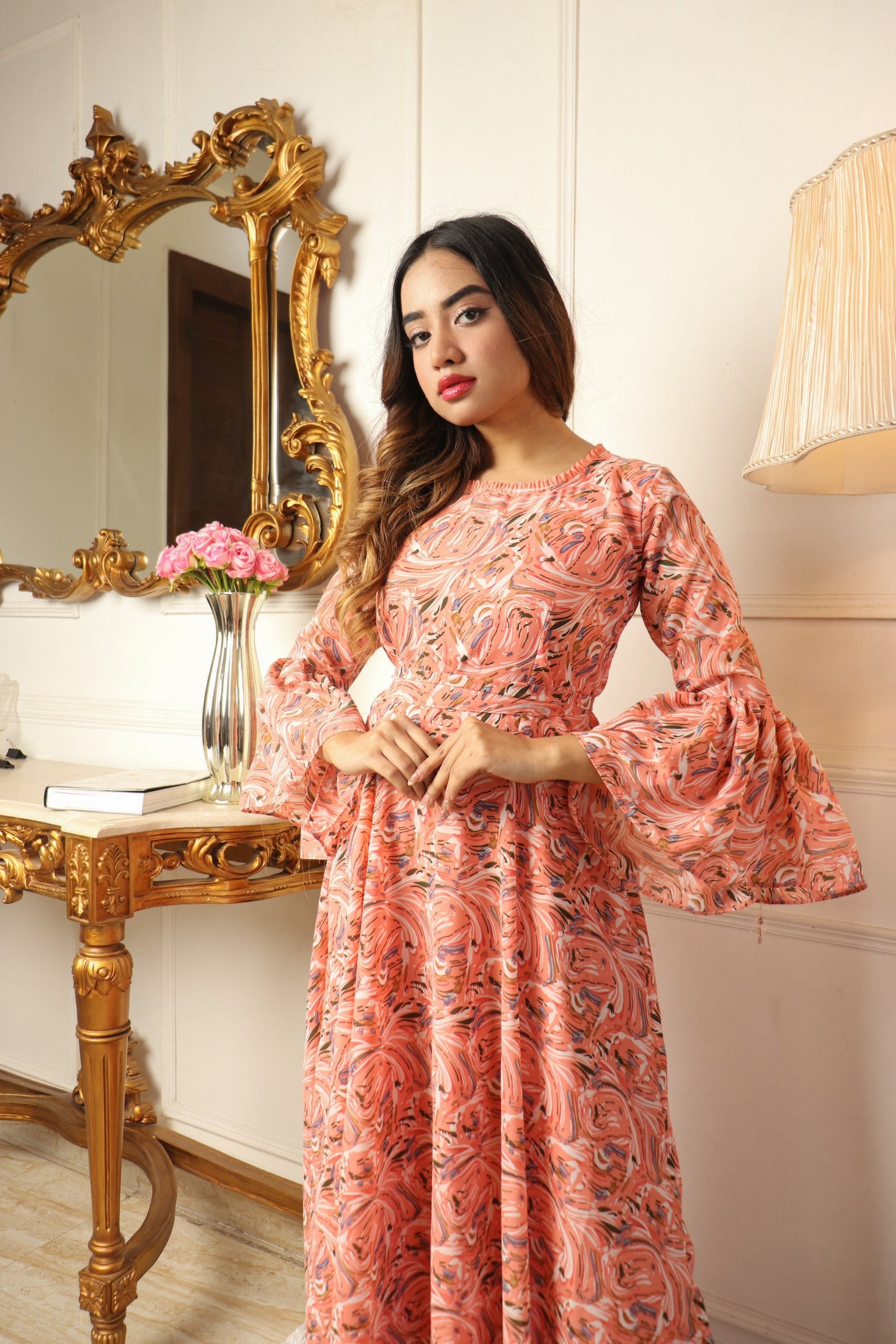 Peach Printed Georgette Gown