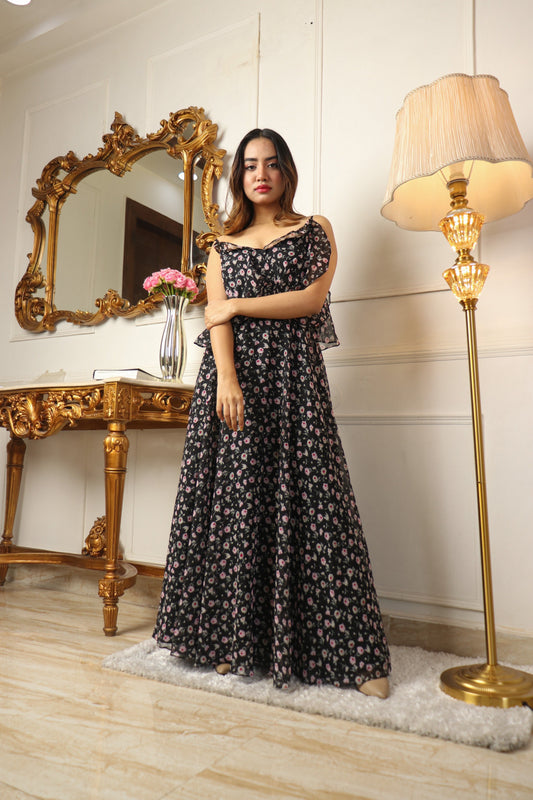 FLORAL PRINTED GEORGETTE MAXI DRESS