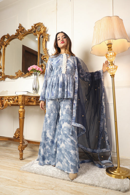 Floral Printed Empire Kurti With Sharara & Dupatta