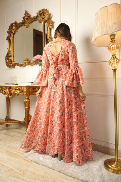 Peach Printed Georgette Gown