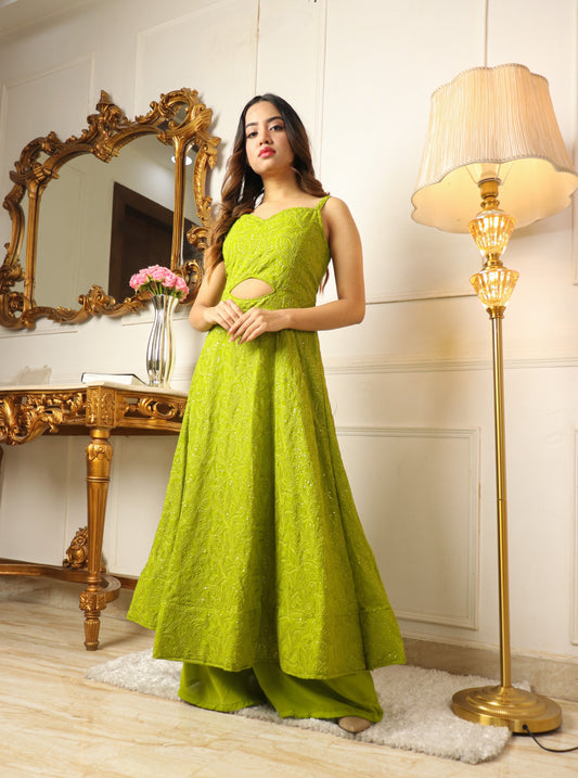 WOMEN FLORAL EMBROIDERED KURTA WITH PALAZZOS & WITH DUPATTA