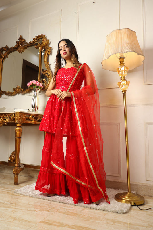 Red Sequins Embroidered Georgette Sharara Suit