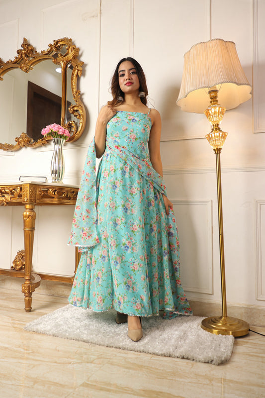 WOMEN GREEN FLORAL PRINTED PLEATED KURTA WITH CHURIDAR & WITH DUPATTA