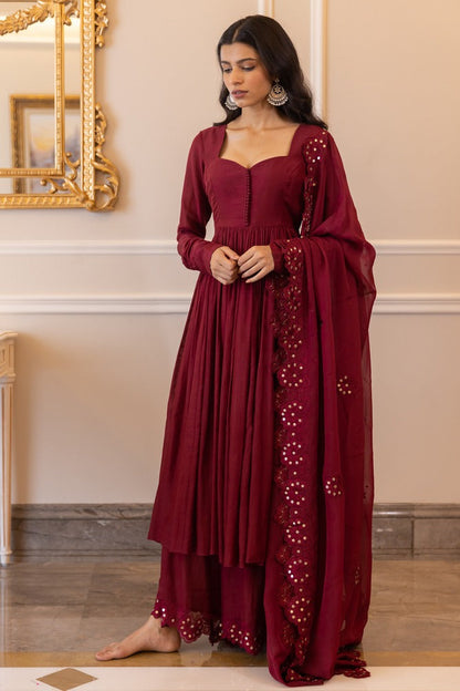 Beautiful Maroon Anarkali Top With Palazzo And Dupatta