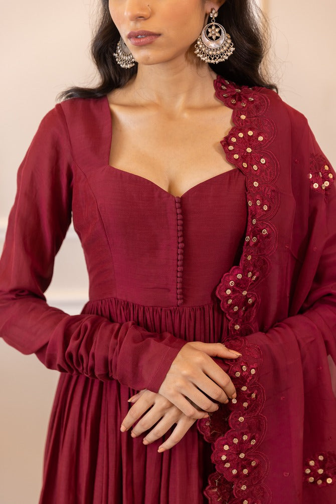 Beautiful Maroon Anarkali Top With Palazzo And Dupatta