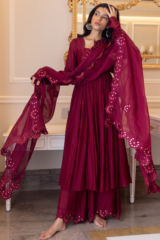 Beautiful Maroon Anarkali Top With Palazzo And Dupatta