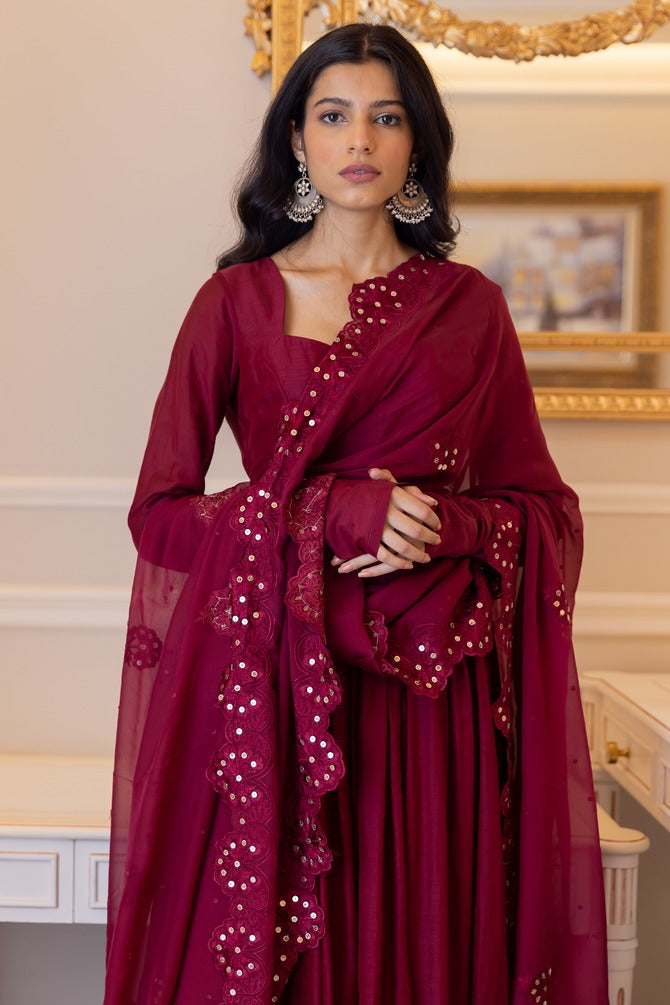 Beautiful Maroon Anarkali Top With Palazzo And Dupatta