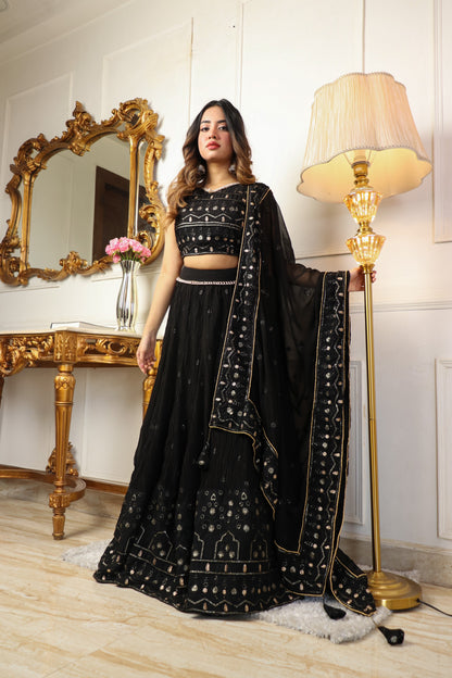 BLACK SEQUINS EMBROIDERED GEORGETTE LEHENGA CHOLI