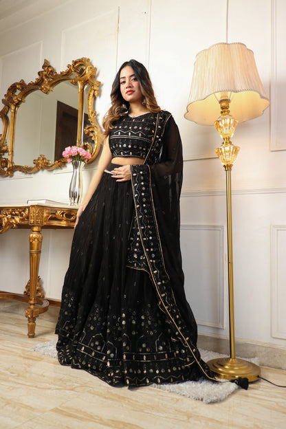 BLACK SEQUINS EMBROIDERED GEORGETTE LEHENGA CHOLI