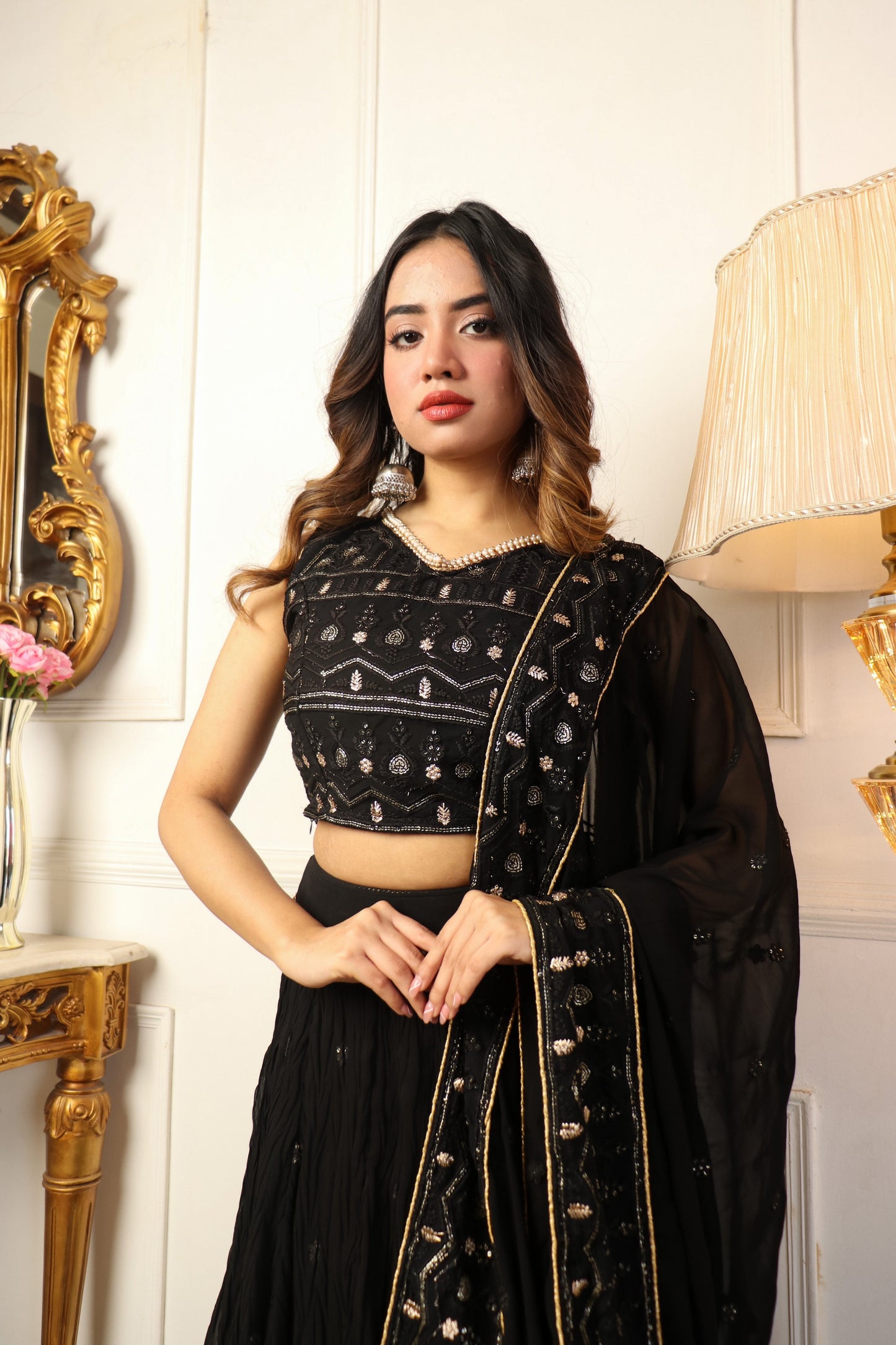 BLACK SEQUINS EMBROIDERED GEORGETTE LEHENGA CHOLI