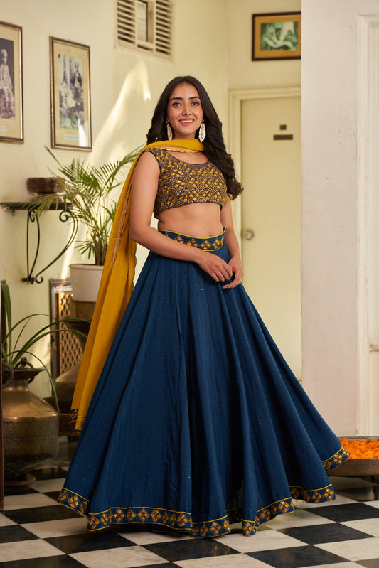 Blue Sequins Embroidered Chanderi Lehenga Choli