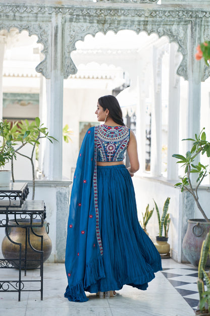 Blue Sequins Embroidered Chiffon Plated Lehenga Choli