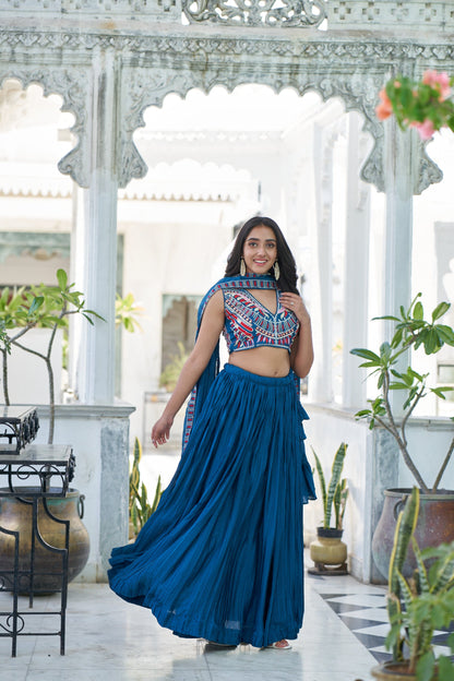 Blue Sequins Embroidered Chiffon Plated Lehenga Choli