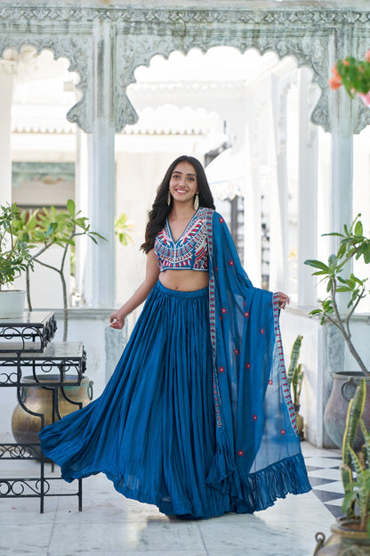 Blue Sequins Embroidered Chiffon Plated Lehenga Choli