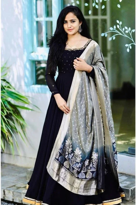 BLACK PARTYWEAR WOVEN – EMBROIDERY WORK BLOOMING GEORGETTE GOWN WITH DUPPATA