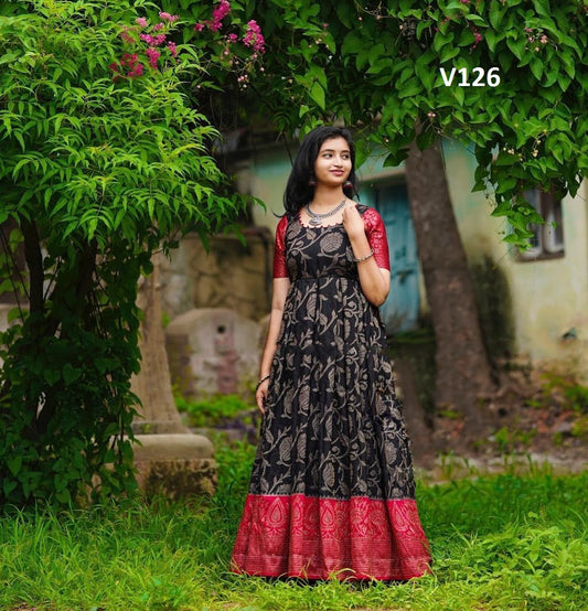 BLACK COLORED JACQUARD GOWN WITH RED JACQUARD BORDER