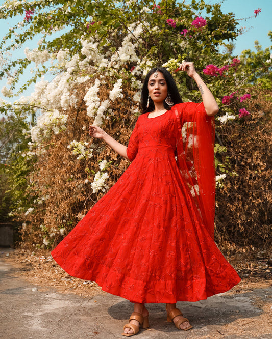 Beautiful Hot selling Pure sequence worked Red colored Party wear Gown and Dupatta