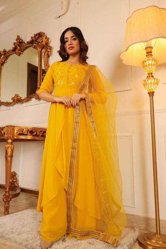 WOMEN YELLOW EMBROIDERED SEQUINNED SILK CHIFFON KURTI WITH TROUSERS