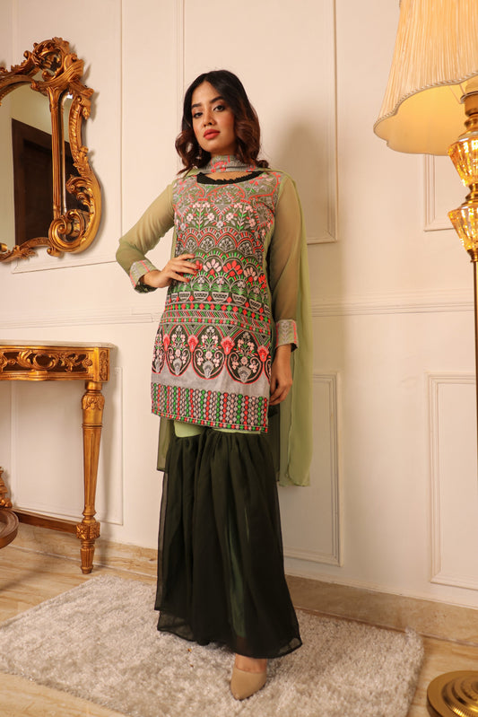 Green Floral Embroidered Georgette Sharara Suit