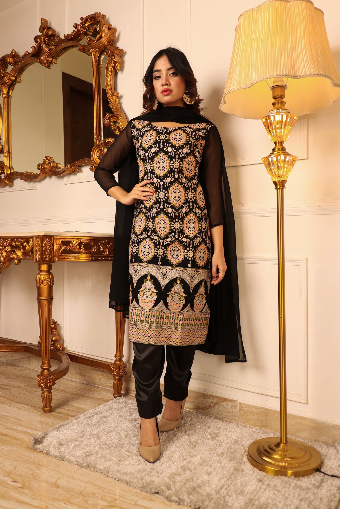 Black Floral Embroidered Georgette Kurti Pant Set With Dupatta