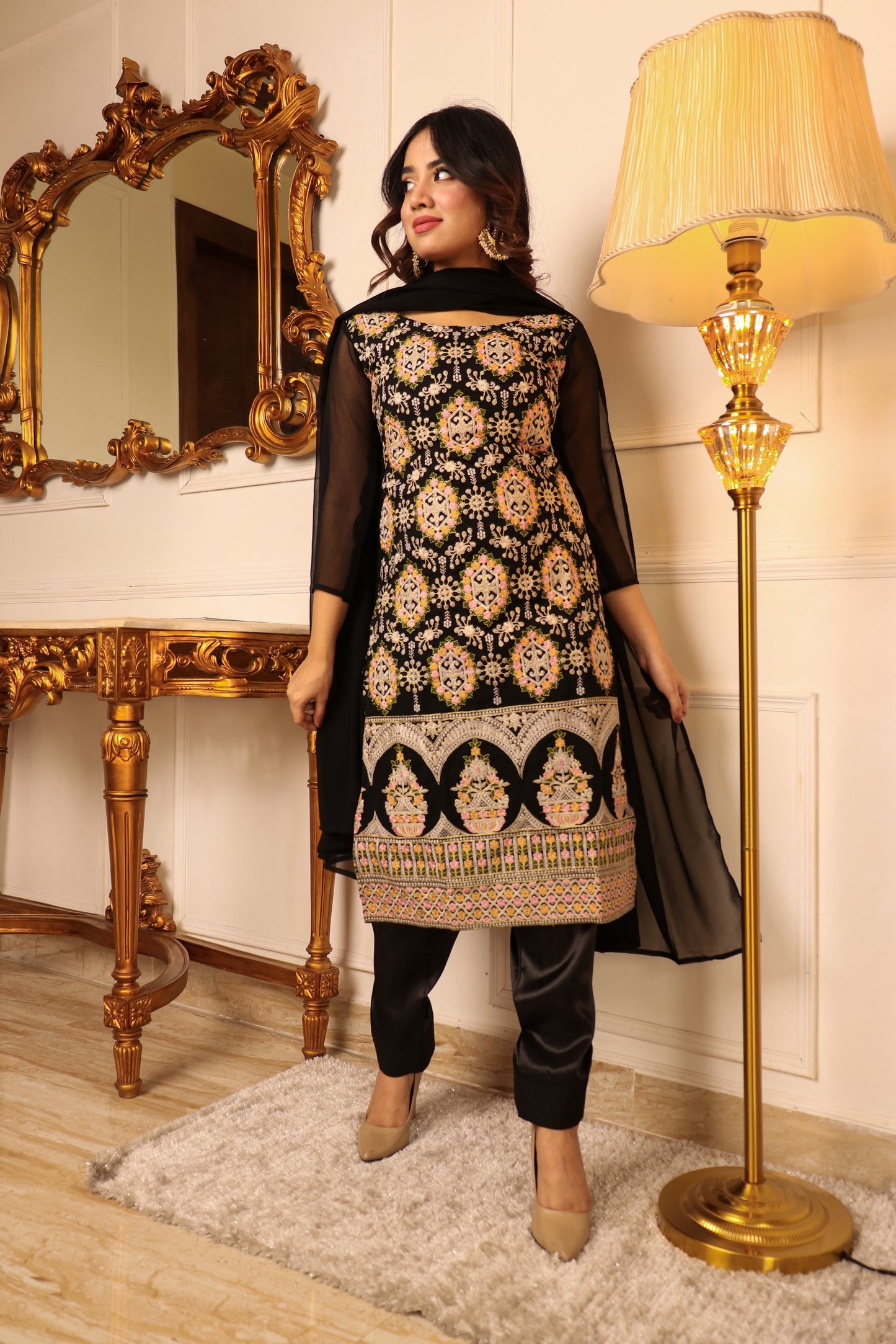 Black Floral Embroidered Georgette Kurti Pant Set With Dupatta