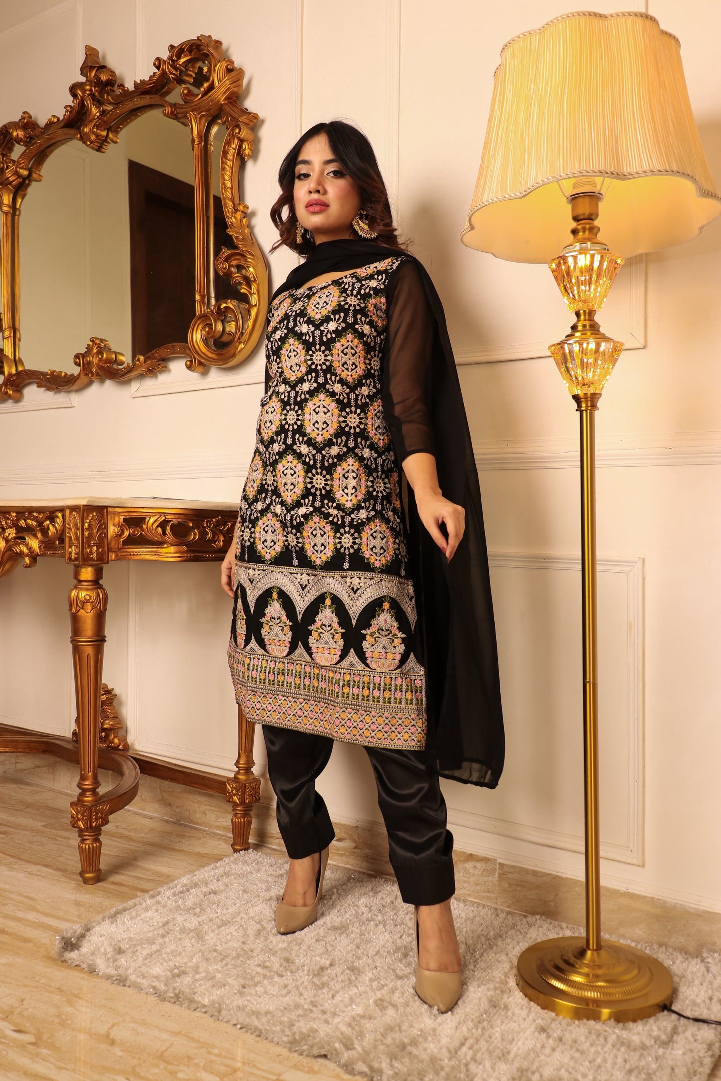 Black Floral Embroidered Georgette Kurti Pant Set With Dupatta