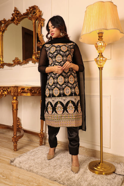 Black Floral Embroidered Georgette Kurti Pant Set With Dupatta