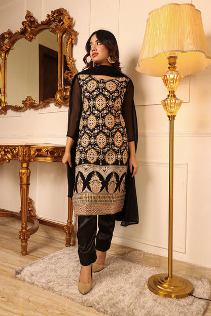 Black Floral Embroidered Georgette Kurti Pant Set With Dupatta