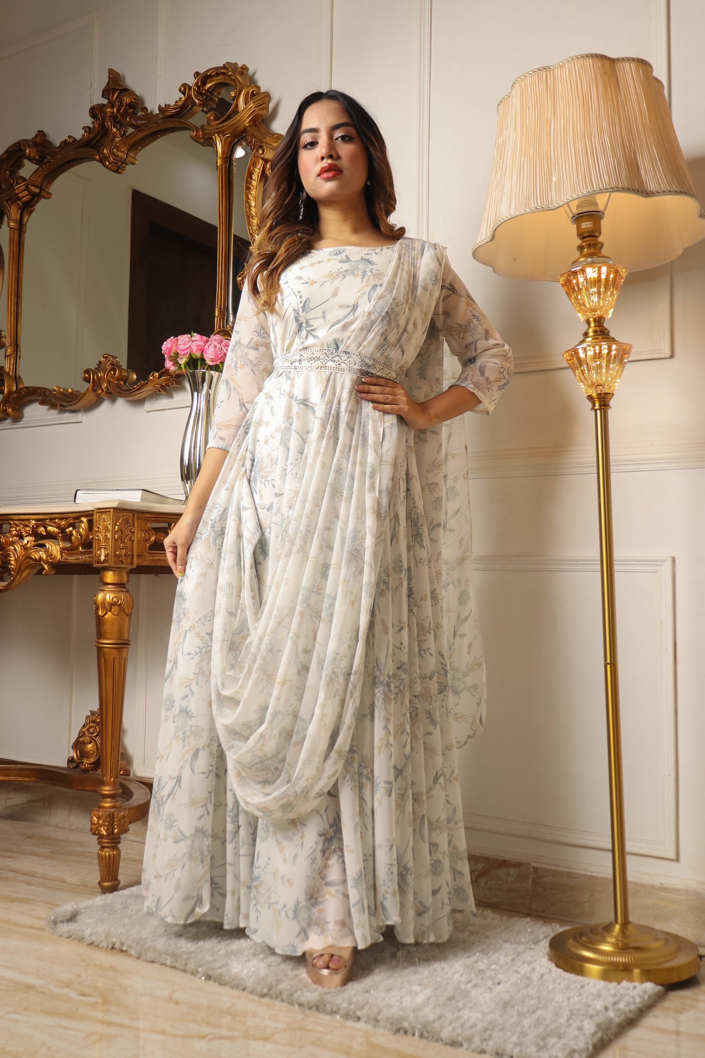 OFF WHITE ETHNIC MOTIFS GEORGETTE MAXI DRESS