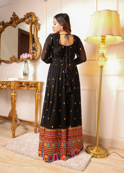 Black Floral Embroidered And Mirror Work Georgette Gown