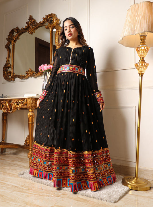 Black Floral Embroidered And Mirror Work Georgette Gown