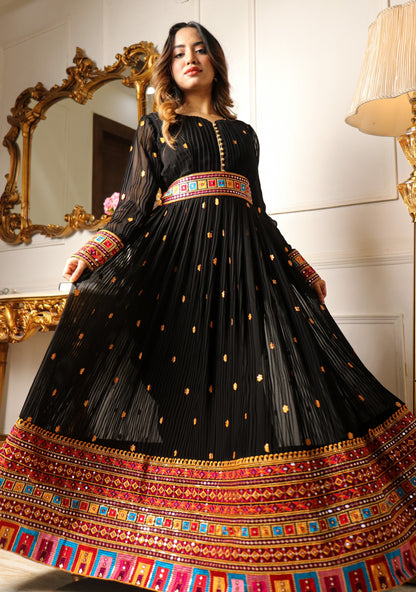 Black Floral Embroidered And Mirror Work Georgette Gown