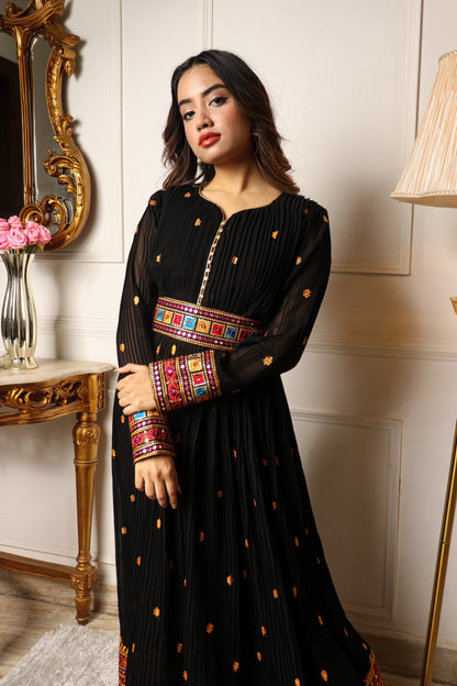 Black Floral Embroidered And Mirror Work Georgette Gown