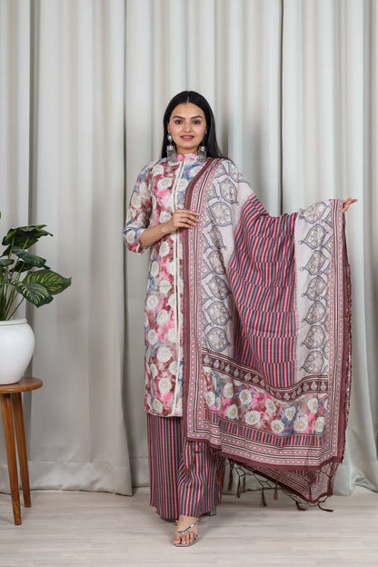 Floral Printed Chanderi Cotton Kurta With Palazzo & Dupatta