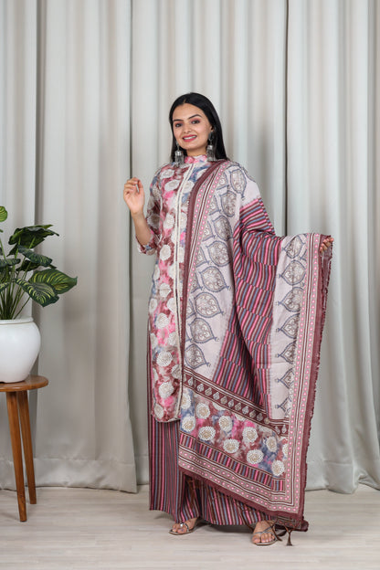 Floral Printed Chanderi Cotton Kurta With Palazzo & Dupatta