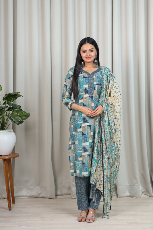 FLORAL PRINTED CHANDERI COTTON KURTA WITH TROUSERS & DUPATTA