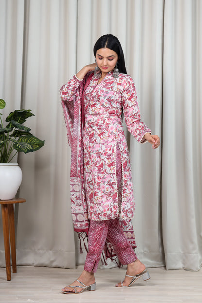 FLORAL PRINTED CHANDERI COTTON KURTA WITH TROUSERS & DUPATTA