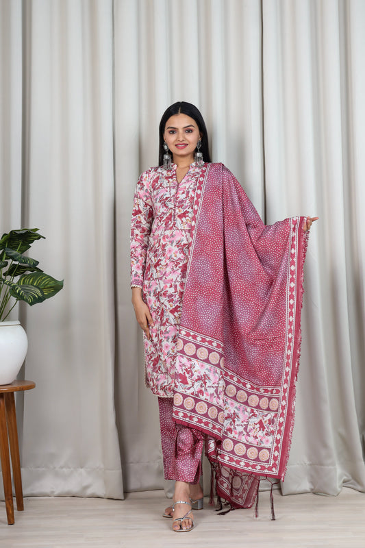 FLORAL PRINTED CHANDERI COTTON KURTA WITH TROUSERS & DUPATTA