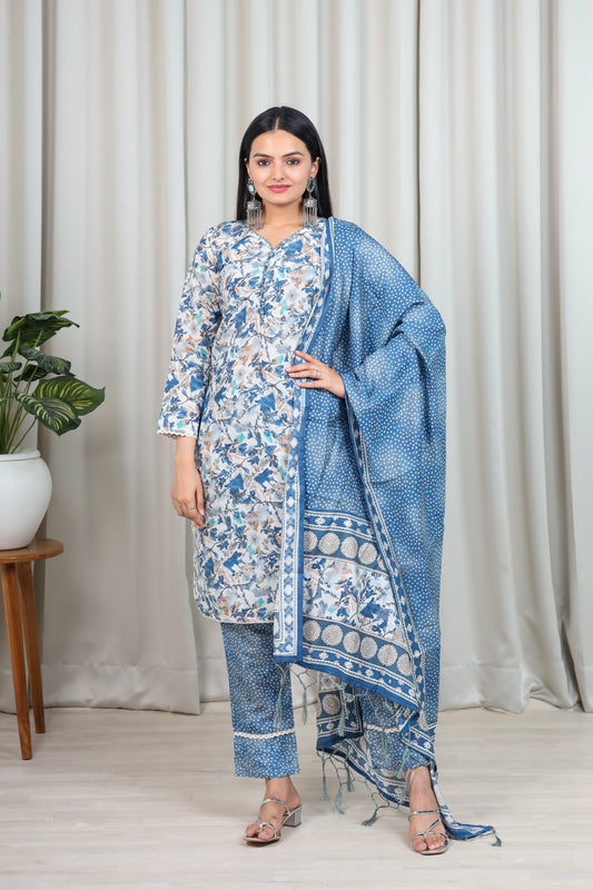 FLORAL PRINTED CHANDERI COTTON KURTA WITH TROUSERS & DUPATTA