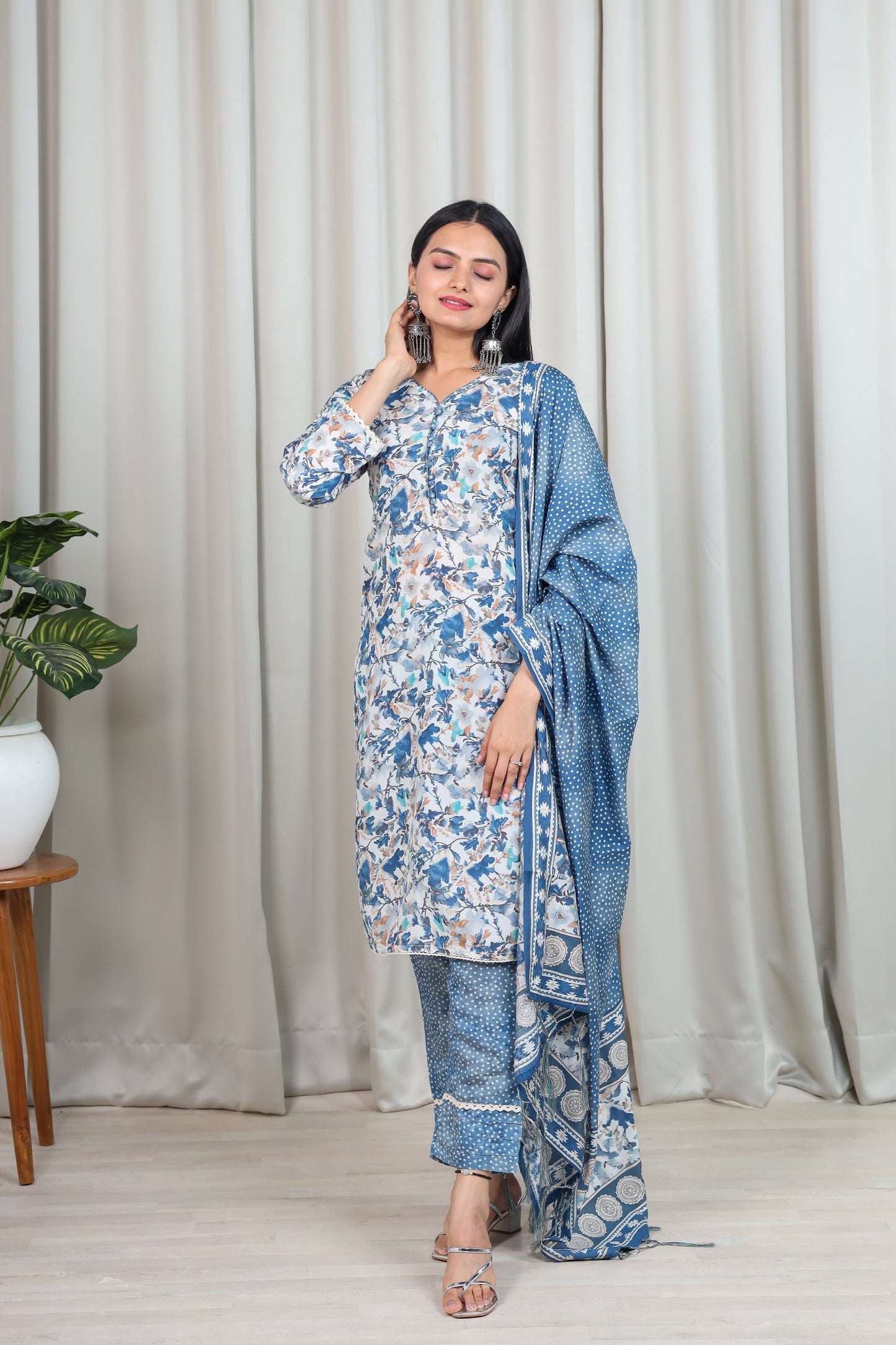 FLORAL PRINTED CHANDERI COTTON KURTA WITH TROUSERS & DUPATTA