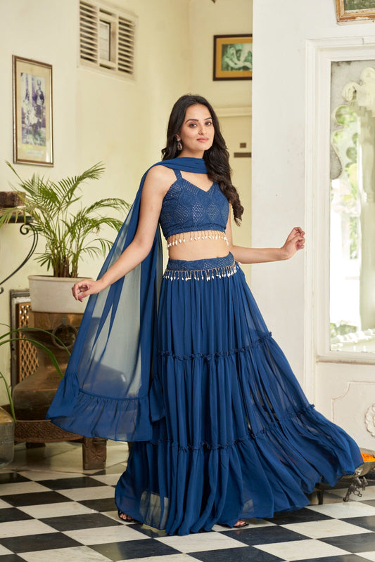 Blue Embroidered Georgette Lehenga Choli