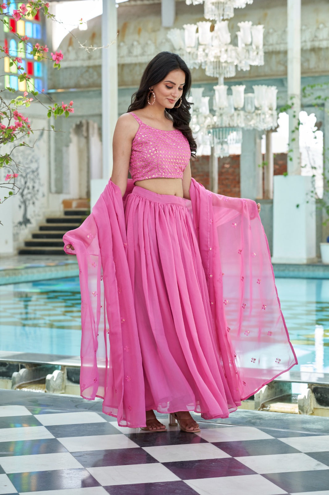 Pink Sequins Embroidered Georgette Lehenga Choli